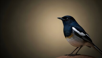 Obraz premium Close-up portrait of a striking Oriental Magpie Robin bird perched on a surface with a blurred background