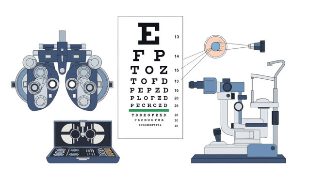 Advanced medical diagnostic equipment including desktop devices and eye chart for eye exams
