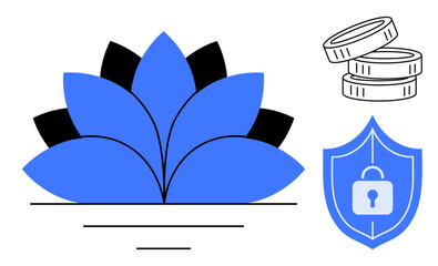 Financial security, savings, protection, safe transactions, wealth management, financial strategy. Blue lotus balance, shield with lock and stacked coins. Financial security and savings
