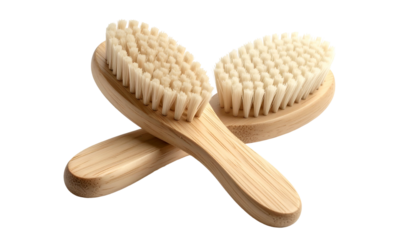Two oval, wooden-handled brushes with natural bristles, lying at slight angle