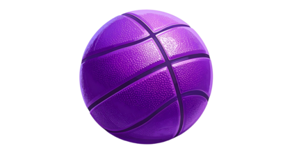A vibrant purple basketball, perfectly lit, sits against a solid black background, showcasing its texture and seams