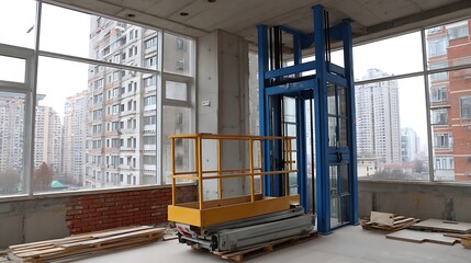 Construction progress modern elevator installation in urban high-rise building