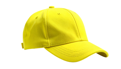 A vibrant yellow baseball cap is presented on a transparent background, showcasing its classic shape and bright color