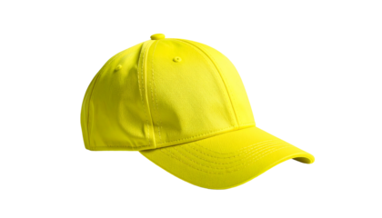 A vibrant yellow baseball cap is showcased against a stark black background. It appears ready to wear, with its curved brim and structured form