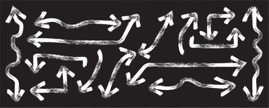 Arrow vector elements hand drawn arrows brush stroke curly arrow collection, pencil scribble shape with vintage charcoal crayon texture. Hand drawn pointers. Curved and wavy brush strokes.