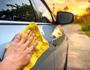 Naklejka premium Close-up of a hand using a yellow cloth to polish a silver vehicle, with blurred background of a sunset and road