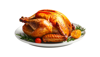 A whole roasted poultry dish on a white plate with garnishes, perfect for a feast. Golden-brown skin and a dark background