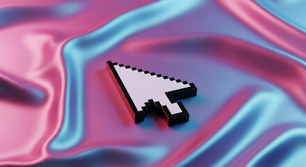 A 3d render of a computer cursor on a vibrant, iridescent fabric with pink and blue hues, creating a modern and futuristic aesthetic, perfect for technologythemed projects the pixelated cursor adds a 
