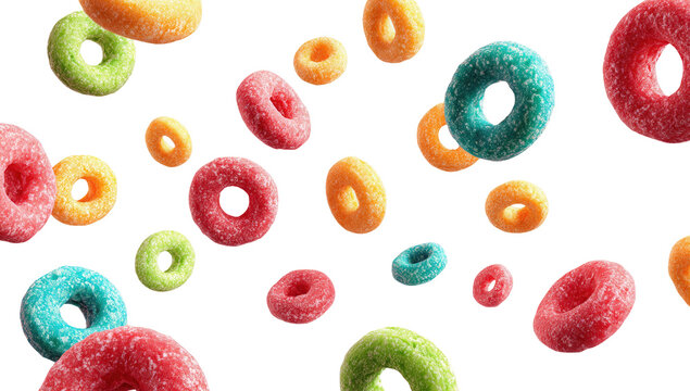 Colorful Froot Loop Cereal Pieces Flying in Air Shot with Studio Lighting Isolated on Transparent Background