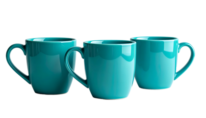Three teal ceramic mugs with curved handles set against a solid black background