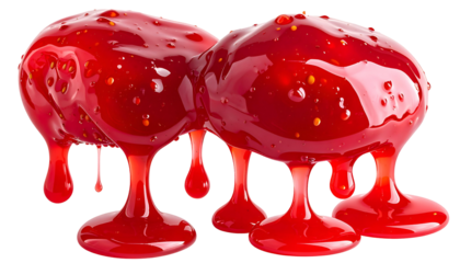 Close-up of glossy, red strawberry topping dripping