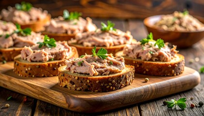 パンに塗られたリエットが並ぶフランス料理グルメの前菜風景