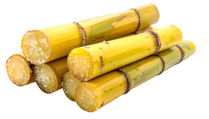 Close-up of cut sugarcane stalks, showing their yellow-green color and fibrous texture, stacked with end-cuts visible
