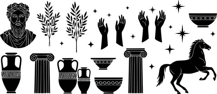 Isolated greek statues in modern style. Linear set antique aesthetic statues of mystical god, olive branches, hands, stars, columns, horse and pottery. Creative silhouette for poster design, wall