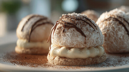 Profiteroles with cream filling and chocolate drizzle