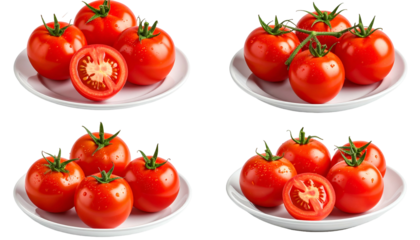 Four plates of ripe, red tomatoes, some whole, some sliced, with green stems, isolated on black