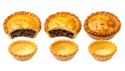 Three golden brown savory pastries with meat filling, one bisected to show interior