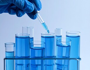 Close-up of a hand with a blue glove holding a pipette dripping blue liquid into glass beakers. The beakers are on a lab rack