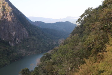 Obraz premium Beautiful mountian, river and view in Nong Khiew, Ou River, Ngoi District, Luang Prabang, Laos