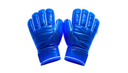 Close-up of two bright blue, protective gloves, viewed from the palms, on a solid black background. Their design suggests a sporting purpose