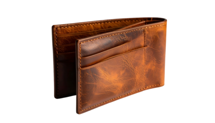 Close-up studio shot of a brown, weathered bi-fold wallet. The wallet is open, revealing card slots and the inner leather