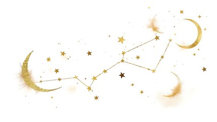 A celestial design depicts a golden constellation linked by lines, with gold moons and scattered stars, against a white backdrop