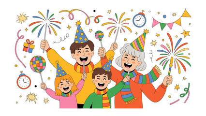 Obraz premium Celebratory Family Gathering: A joyful family celebrates a special occasion, surrounded by vibrant decorations and the dazzling spectacle of fireworks, radiating warmth and togetherness.