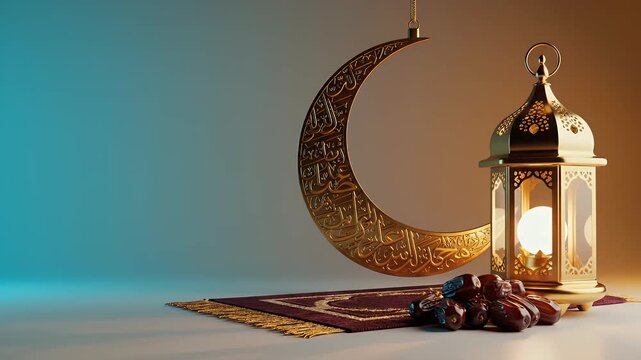 Ramadhan background with golden crescent, arabesque patterns, dates, prayer rug, and lantern light