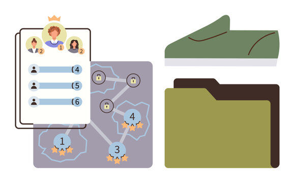 Leaderboard ranking users, progress map with levels and stars, closed folder, and shoe symbolizing productivity. Ideal for productivity tools, gamification, project planning, goal tracking, team