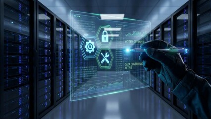 IT support, customer service concept. Computer engineer, technician coding on laptop computer connection with big data storage as backgrounds, digital technology, database, data management ai