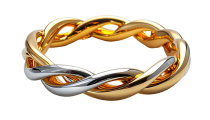 Fototapeta premium Close-up studio shot of a ring with interwoven gold and silver bands, isolated against a black background