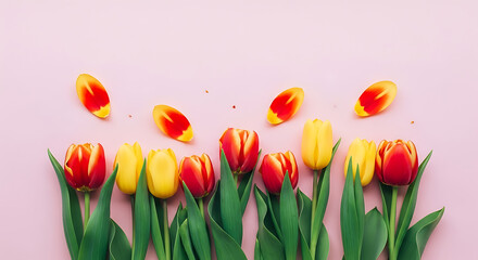 Fresh tulips in red and yellow colors on a pink background, creating a vibrant spring floral arrangement with petals scattered around, perfect for a cheerful and colorful seasonal display