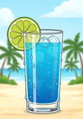 Refreshing Blue Drink with Lime Slice on Beach.