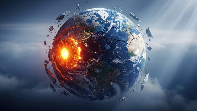 Exploding earth sphere with fiery core amid cloudy sky, shards of continents flying