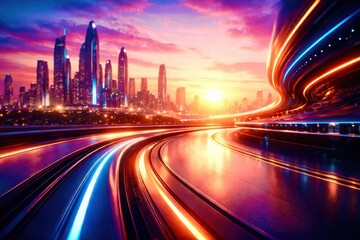 A colorful, abstract painting of a highway with a sunset in the background