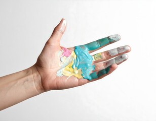 Close-up of a hand with vibrant, multicolored paint smeared across the palm and fingers against a white backdrop