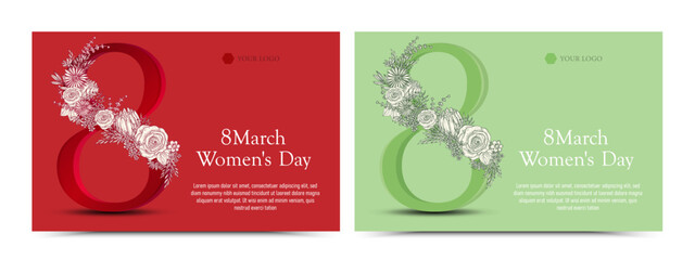 Set of International Women&rsquo;s Day March 8 Greeting Card with green Background, Swirl and twisted Elegant lines, Feminine Floral Celebration Design