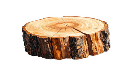 Digitally rendered wood slice showcasing detailed annual rings and a textured, rugged bark side. The object is isolated on black