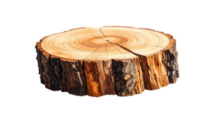 Digitally rendered wood slice showcasing detailed annual rings and a textured, rugged bark side. The object is isolated on black