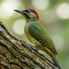Green Woodpecker Perched on Tree Branch in Nature.