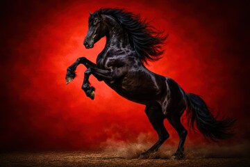 A black horse is standing on a red background