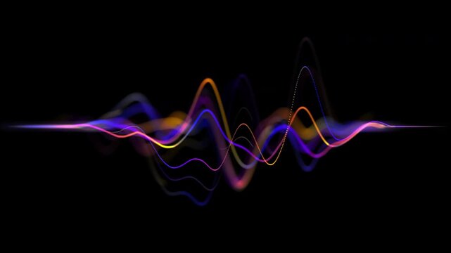Abstract neon background of glowing sound waves motion. Purple orange and blue neon audio waves, noise frequency, and waveform. Music track and voice recording, audio spectrum. Sound background loop