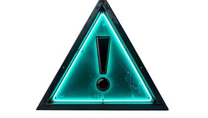 Illuminated hazard sign featuring a neon teal border and exclamation point, set against black, evoking warning