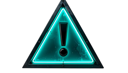Illuminated hazard sign featuring a neon teal border and exclamation point, set against black, evoking warning