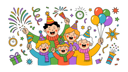 Obraz premium Celebration of Family Moments: A radiant family, adorned in festive attire, joins together to share and cherish moments, amid a backdrop of fireworks, confetti, and balloons.