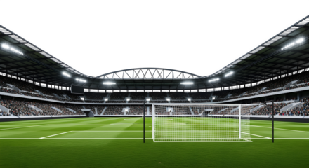 Detailed view of a modern soccer stadium at night isolated on transparent background