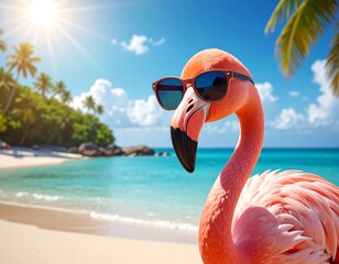 Close-up of a pink flamingo wearing sunglasses against a tropical beach scene, bright sun, turquoise water, and palm trees