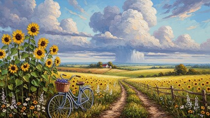 Sunflower Field with Bicycle and Rural Path Under Dramatic Cloudy Sky Oil Painting landscape, 3D Wallpaper for wall decor painting design, mural wall art, canvas print
