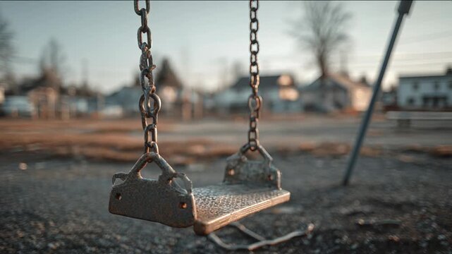 Capturing an Empty Swing Gently Swaying in Quiet Playground at Sunset with Soft Focus Background