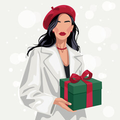 Elegant faceless fashion woman in red beret holding a gift box, minimalist winter holiday vector portrait for greeting cards, social media ads, posters and branding, with soft bokeh snow background.